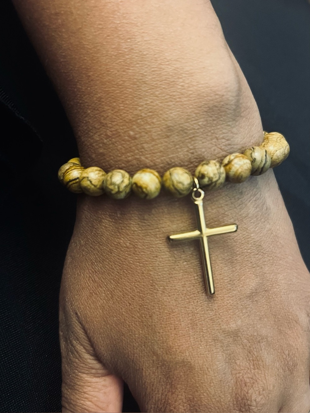 Natural Picture Stone Beaded Stretch Bracelet w 18k Gold Cross - Picture 2 of 3